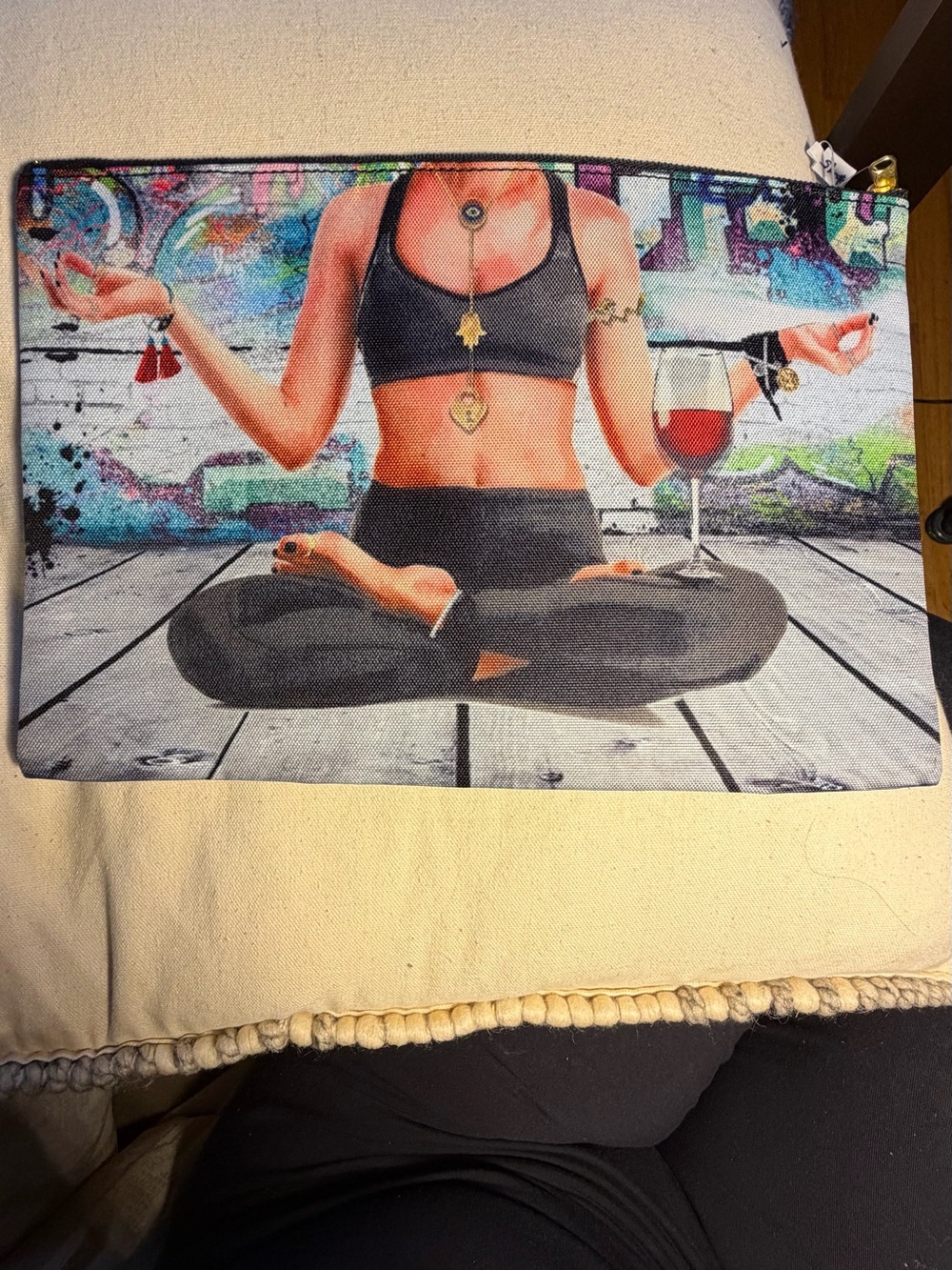 Yoga Meditation Pouch with Wine Glass Graphic - Great for makeup and travel.